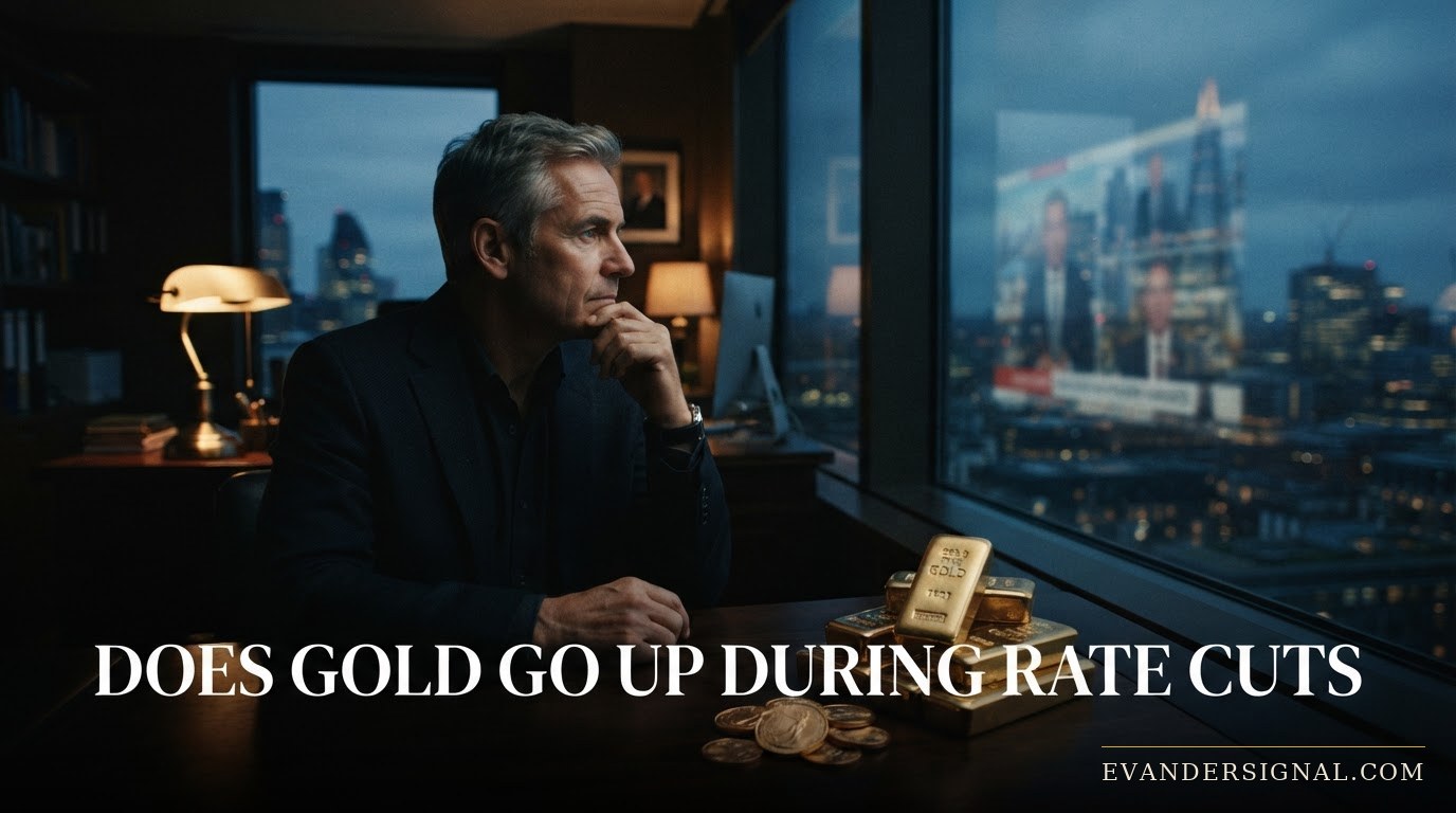 Investor at dusk reviewing world news with gold bars on desk, reflecting safe-haven demand amid geopolitical tension