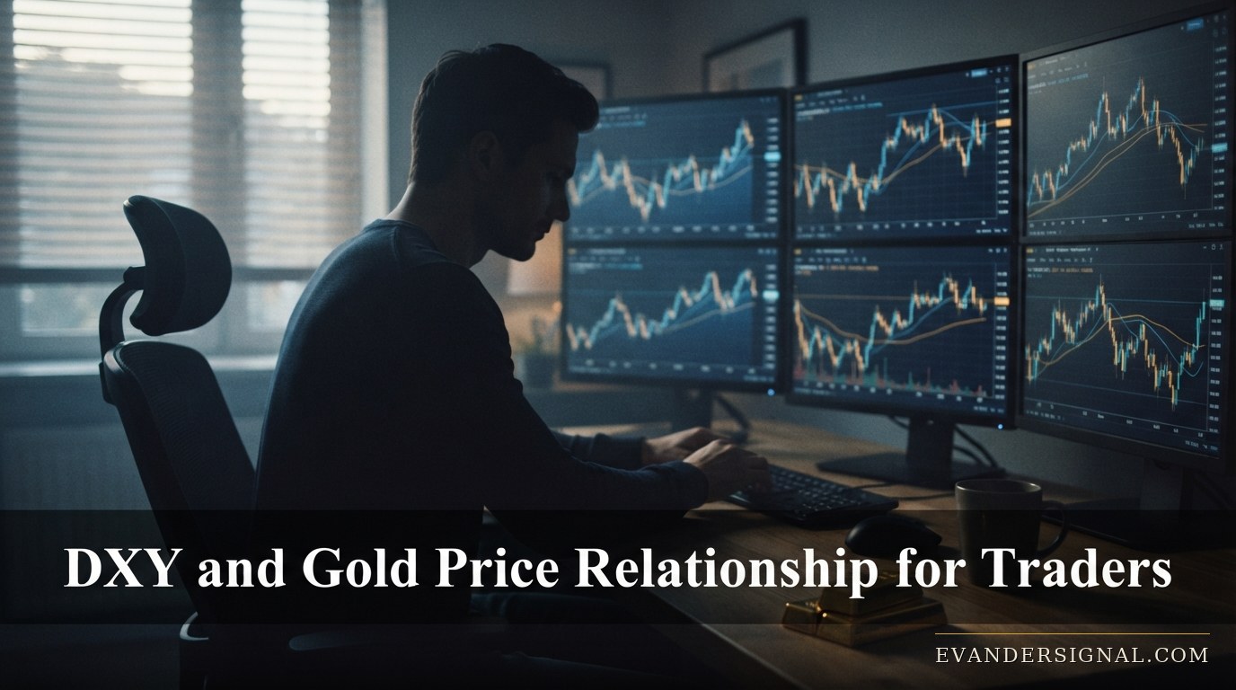 Trader at a dawn-lit desk with glowing screens and gold bars, evoking the dollar-gold market relationship.
