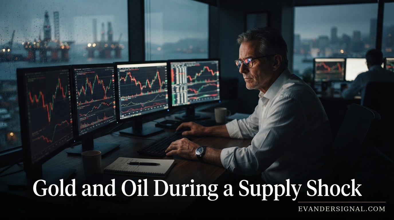 Trader studying market screens at dusk with oil infrastructure visible through the window behind him