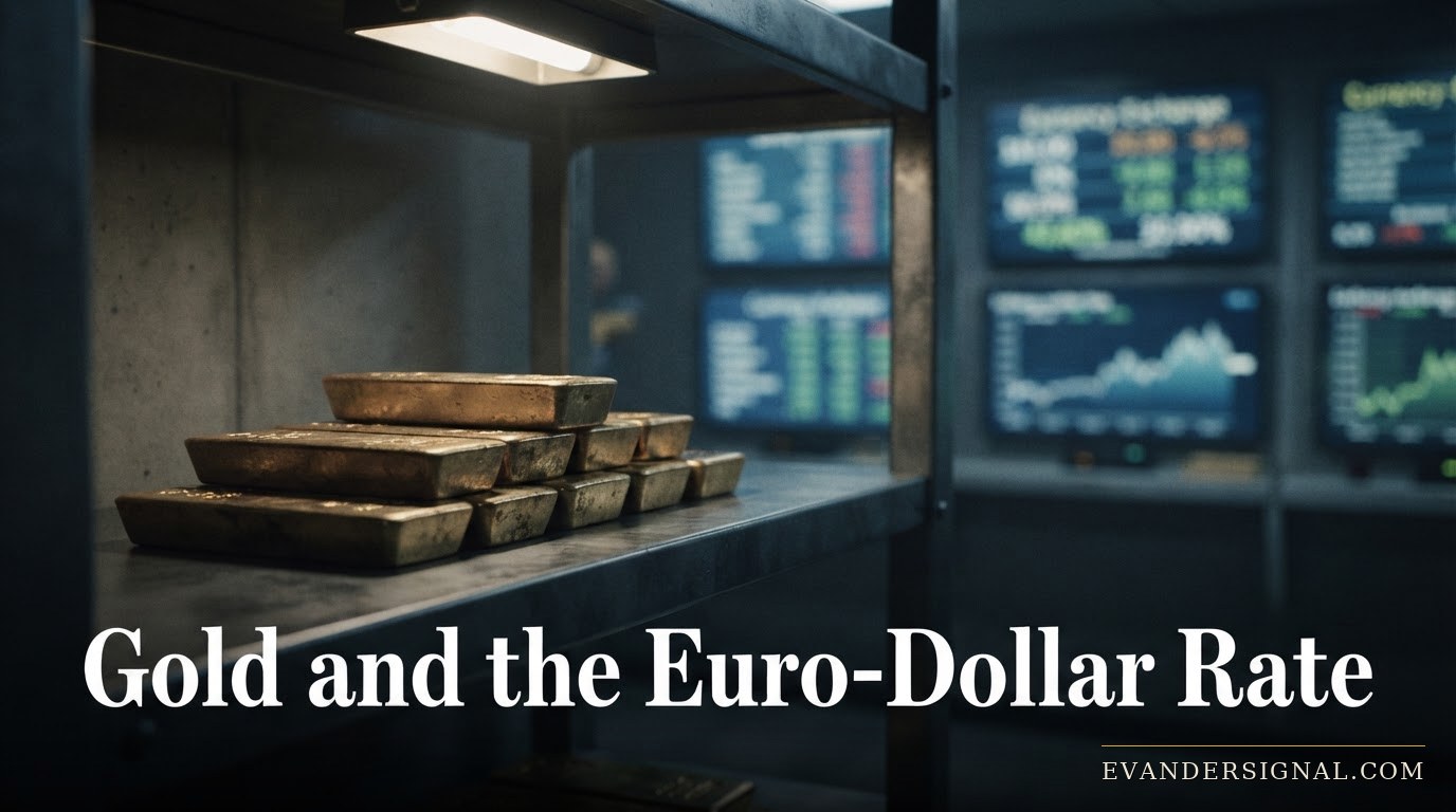 Gold bars in a dim vault with blurred currency screens glowing in the background, evoking gold's role against currency turmoil.