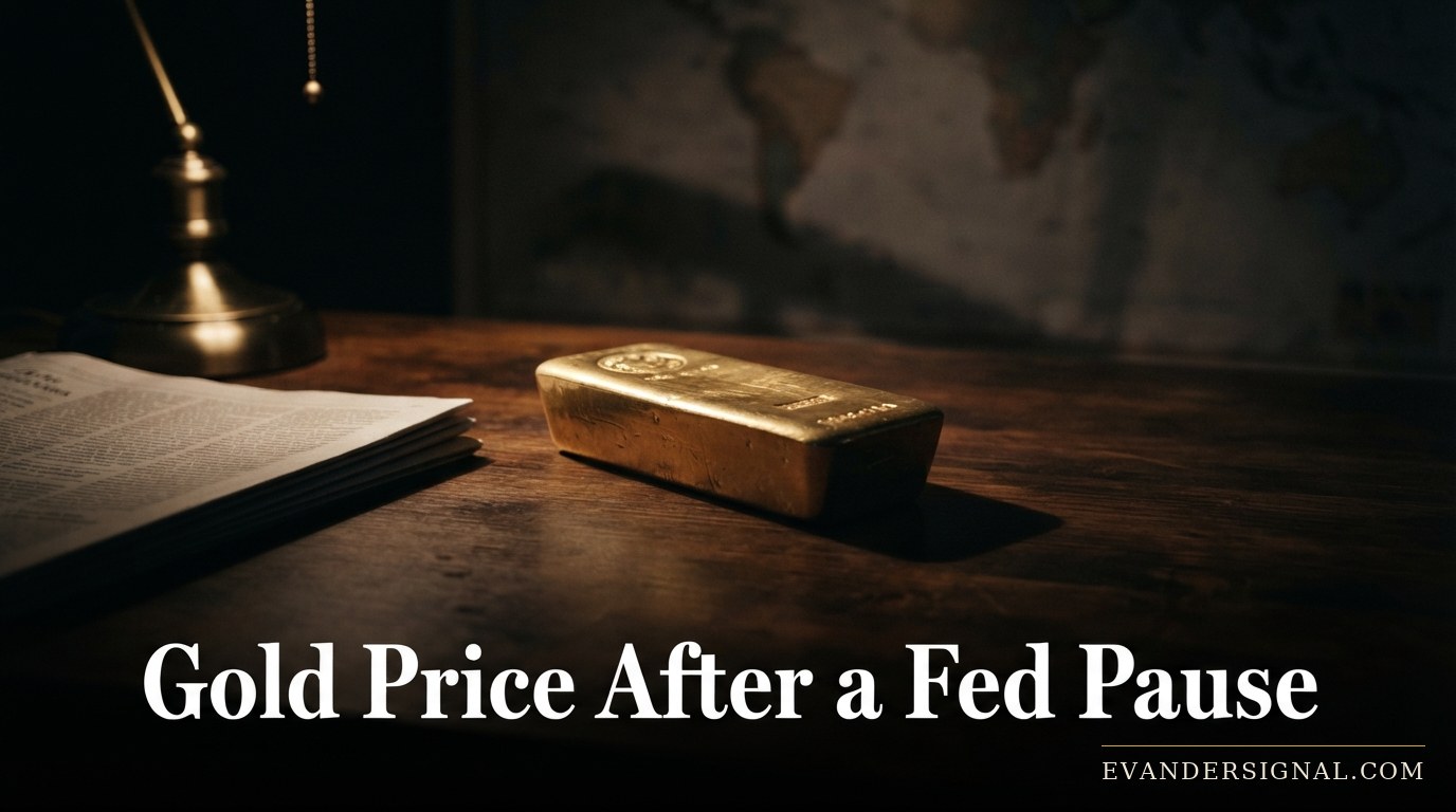 A gold bar on a desk beside a newspaper, lit dramatically to evoke geopolitical tension affecting the gold market.