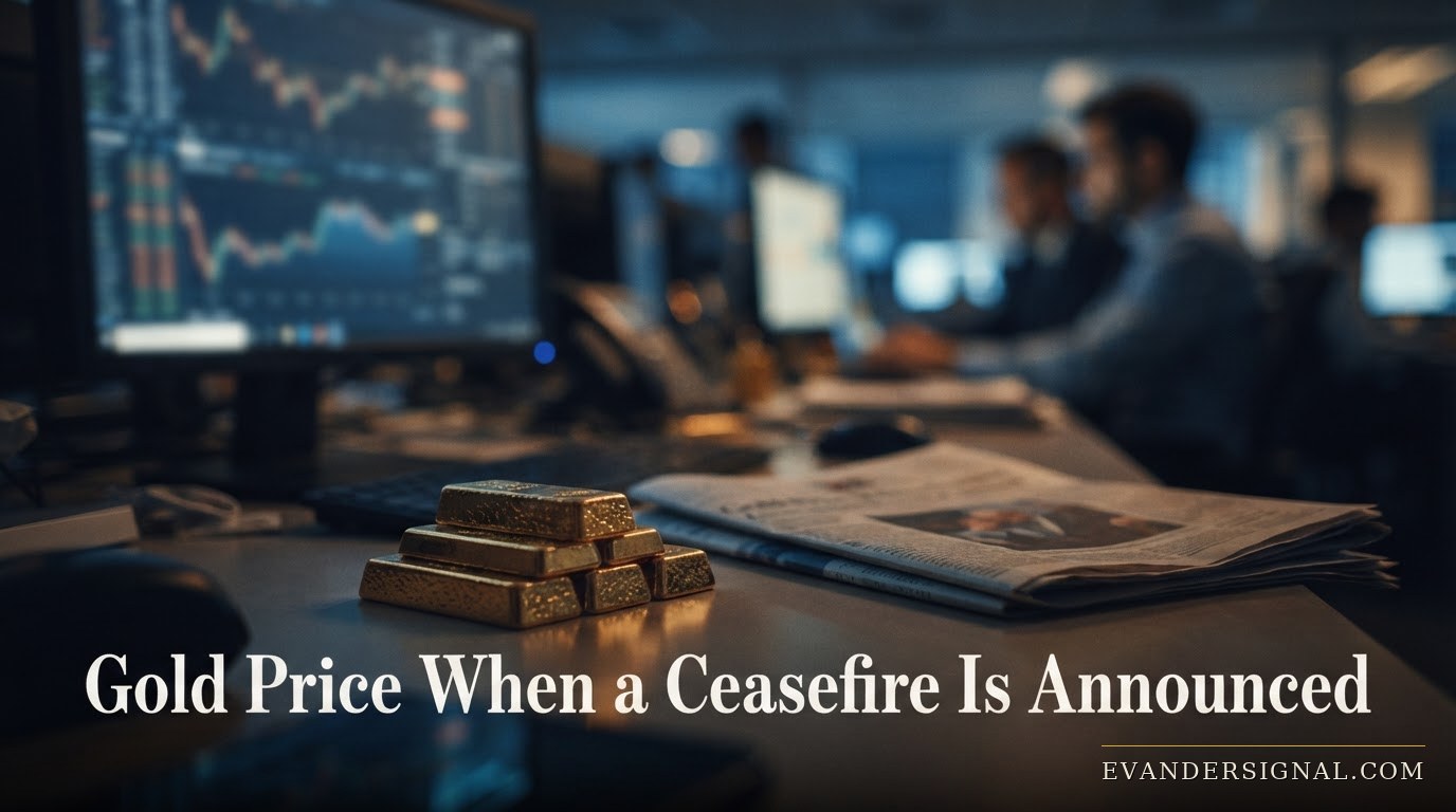 Gold bars on a trader's desk lit by monitor glow, evoking geopolitical tension driving safe-haven demand.