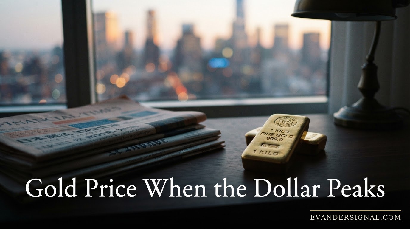 Gold bar on a trading desk beside folded newspapers, dusk light through office window