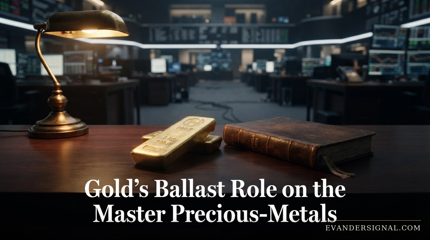 A gold bar on a trading desk with softly glowing monitors in the background, evoking gold's anchor role in a combined metals book.