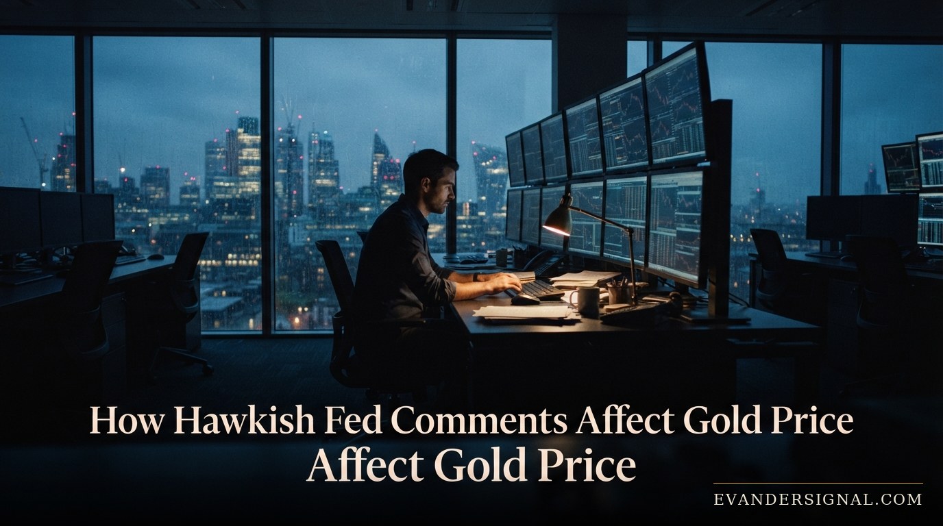 Trader watching screens at dusk amid rising geopolitical tension affecting gold markets