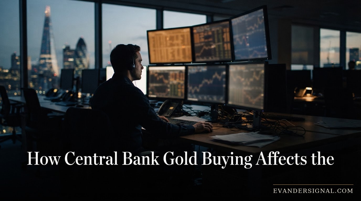 Trader watching screens in dim light, evoking geopolitical tension driving gold market sentiment