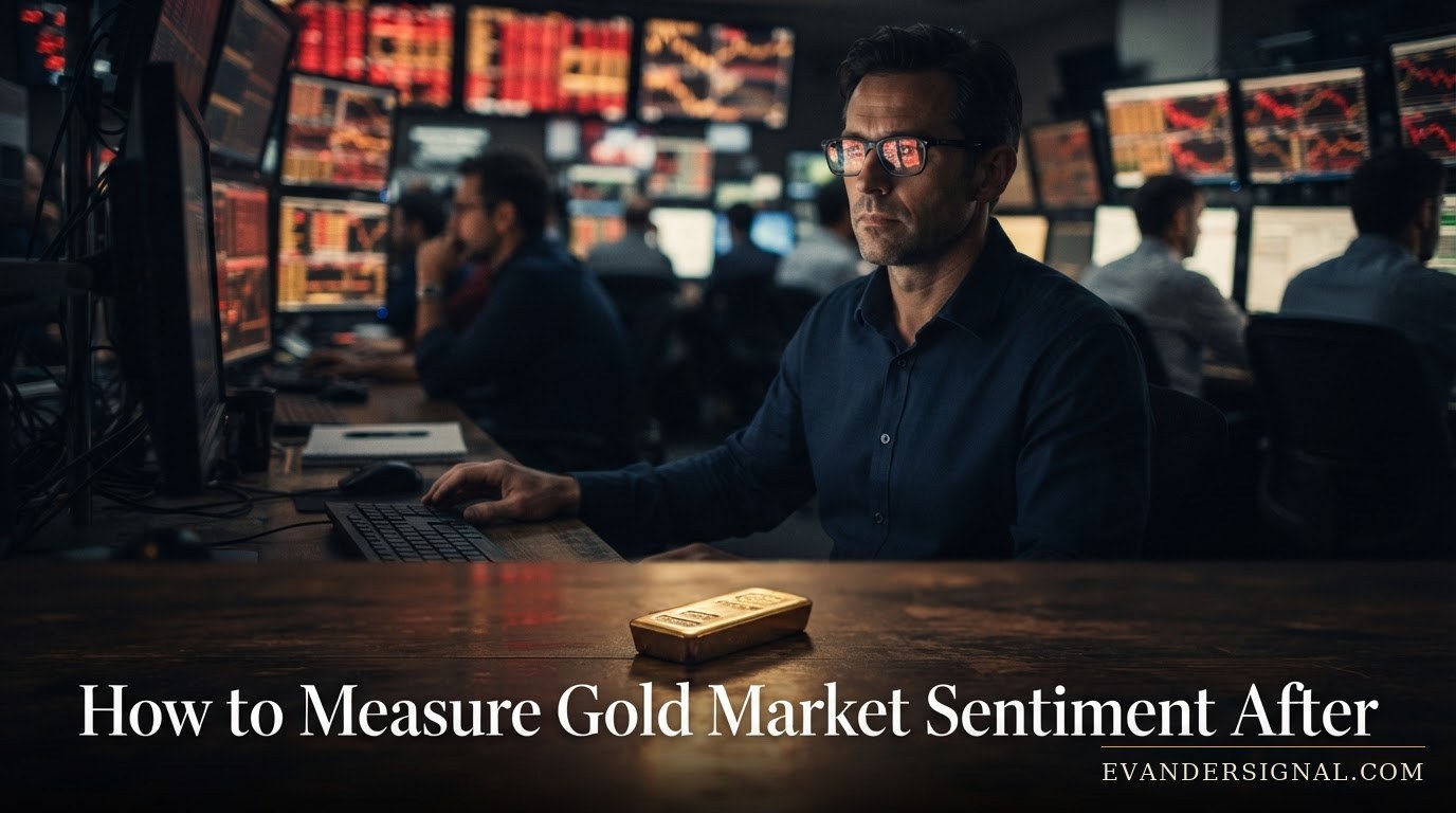 A gold bar on a desk with a dimly lit trading floor glowing red in the background
