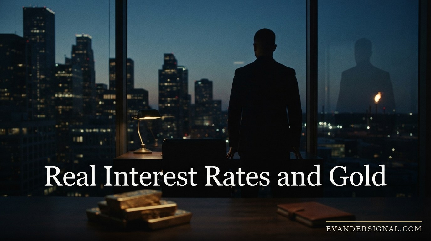 Silhouetted trader against a dusk skyline with gold bars in the foreground, evoking rising yields and market tension."
}