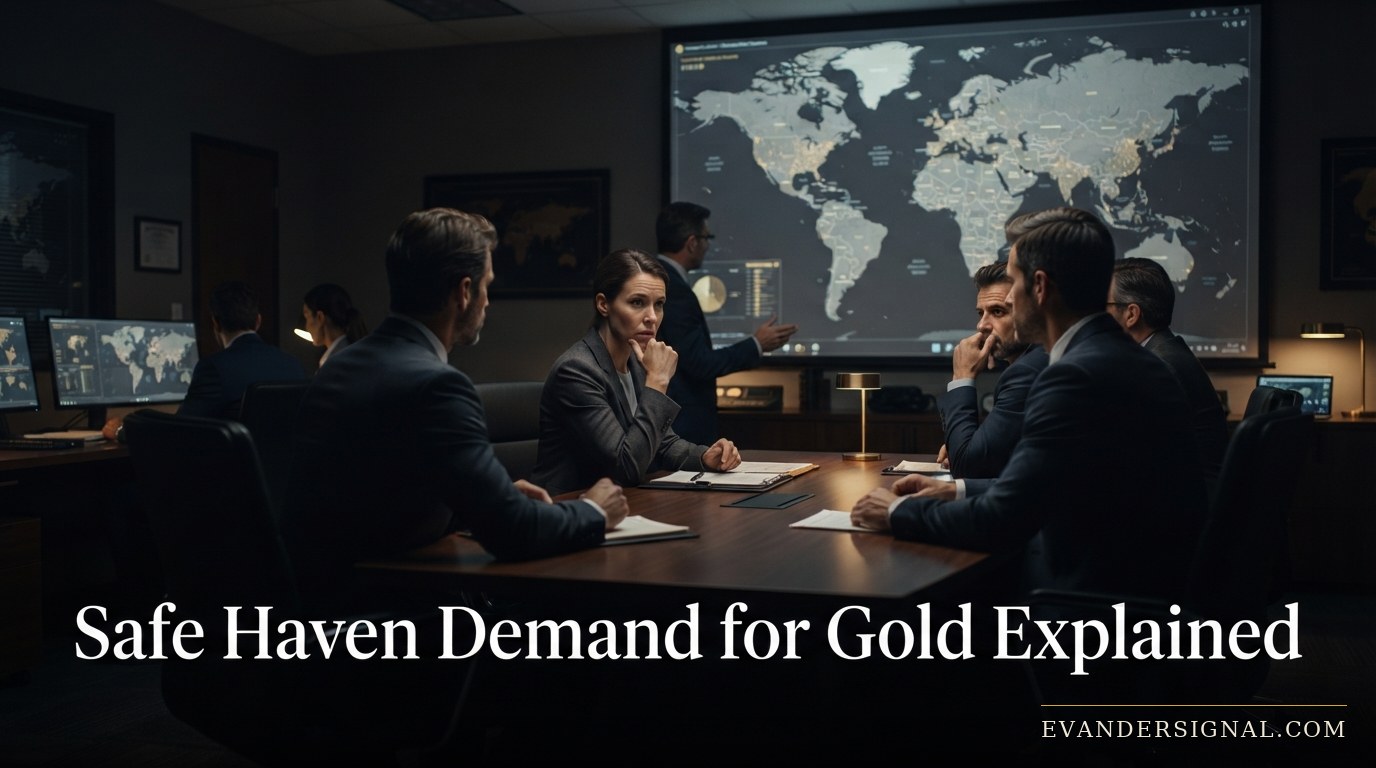 Stacked gold bars lit by a single overhead lamp in a bank vault, evoking safe haven demand for gold.