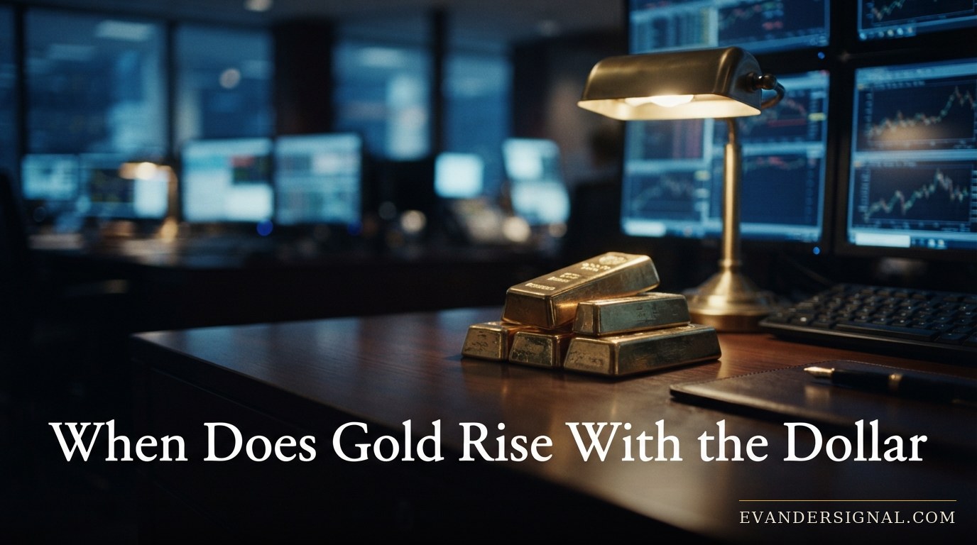 Gold bars glowing under warm light beside blurred trading screens, symbolising gold and dollar moving together.