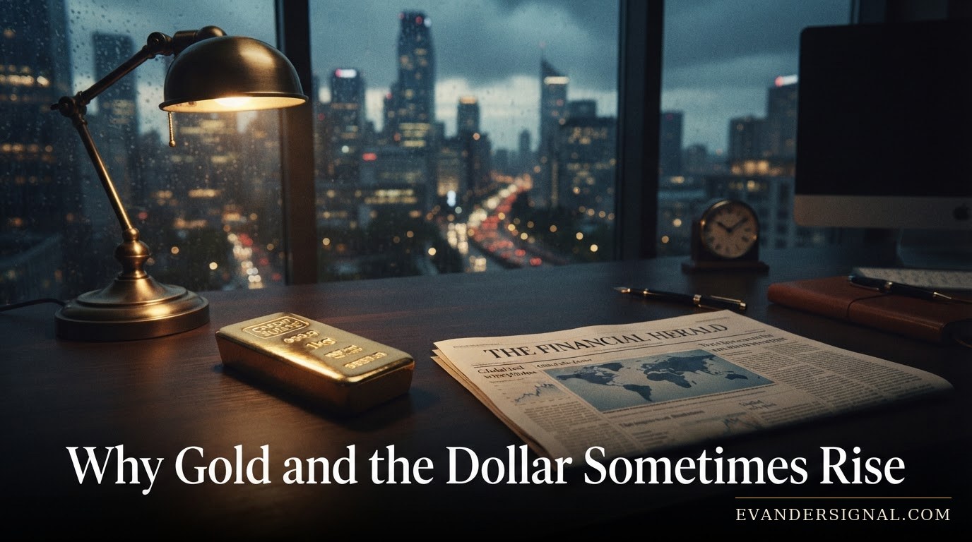 Gold bar under lamplight beside a newspaper on a trading desk at dusk, city skyline behind rain-streaked glass