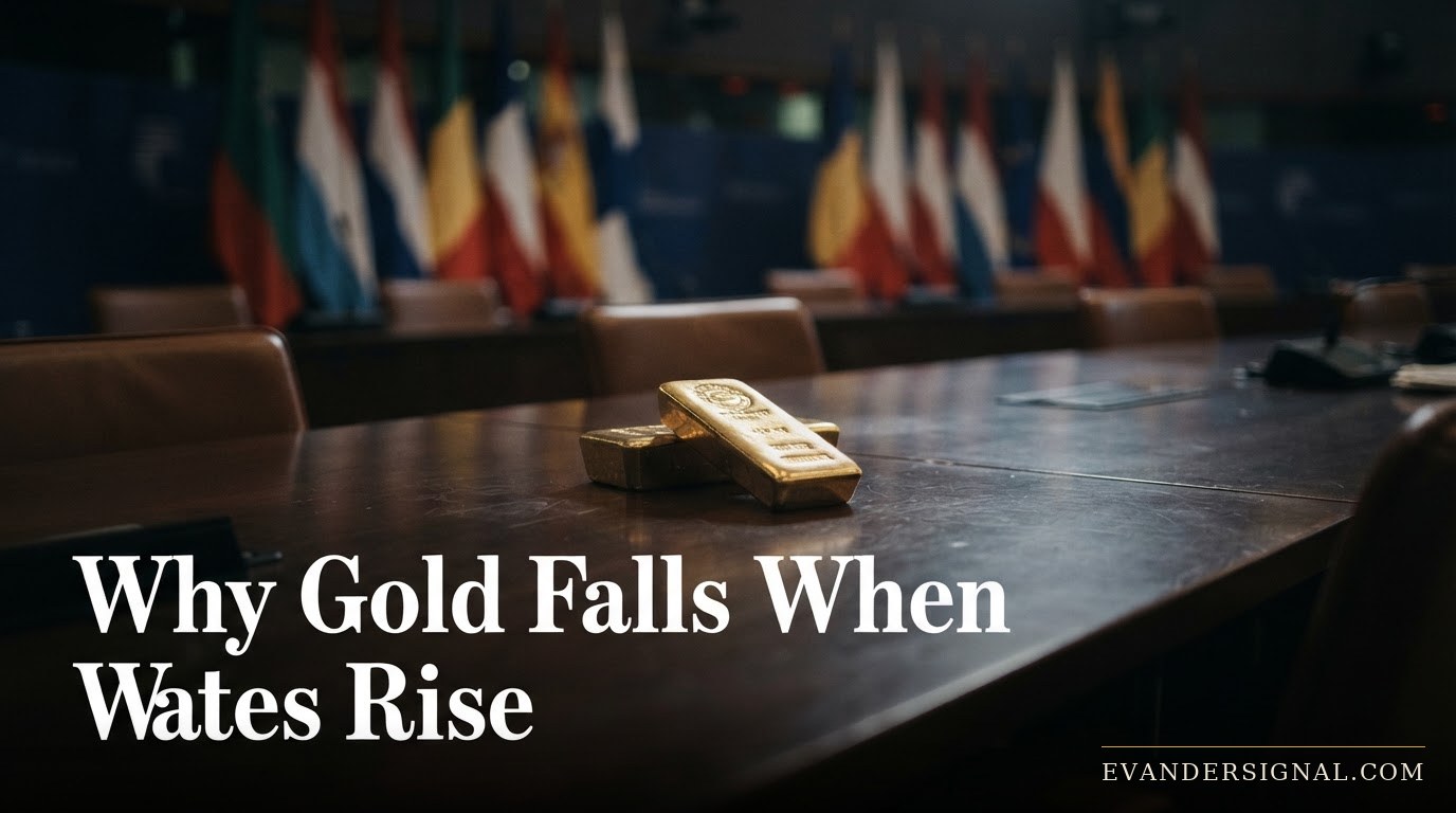 Gold bar on a conference table in a dim EU council room after a sanctions meeting