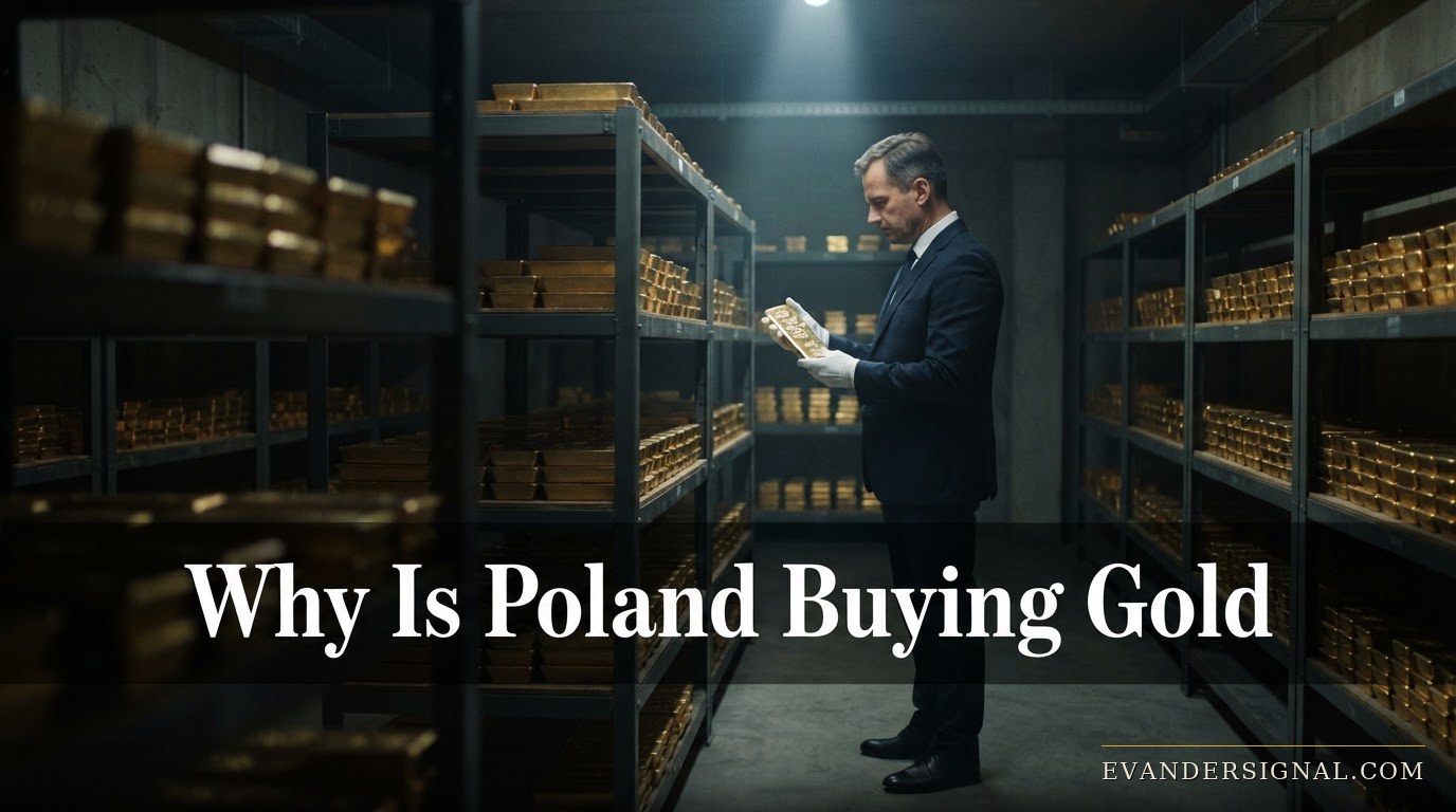 Official inspecting gold bars in a dimly lit central bank vault, evoking sovereign reserve buying